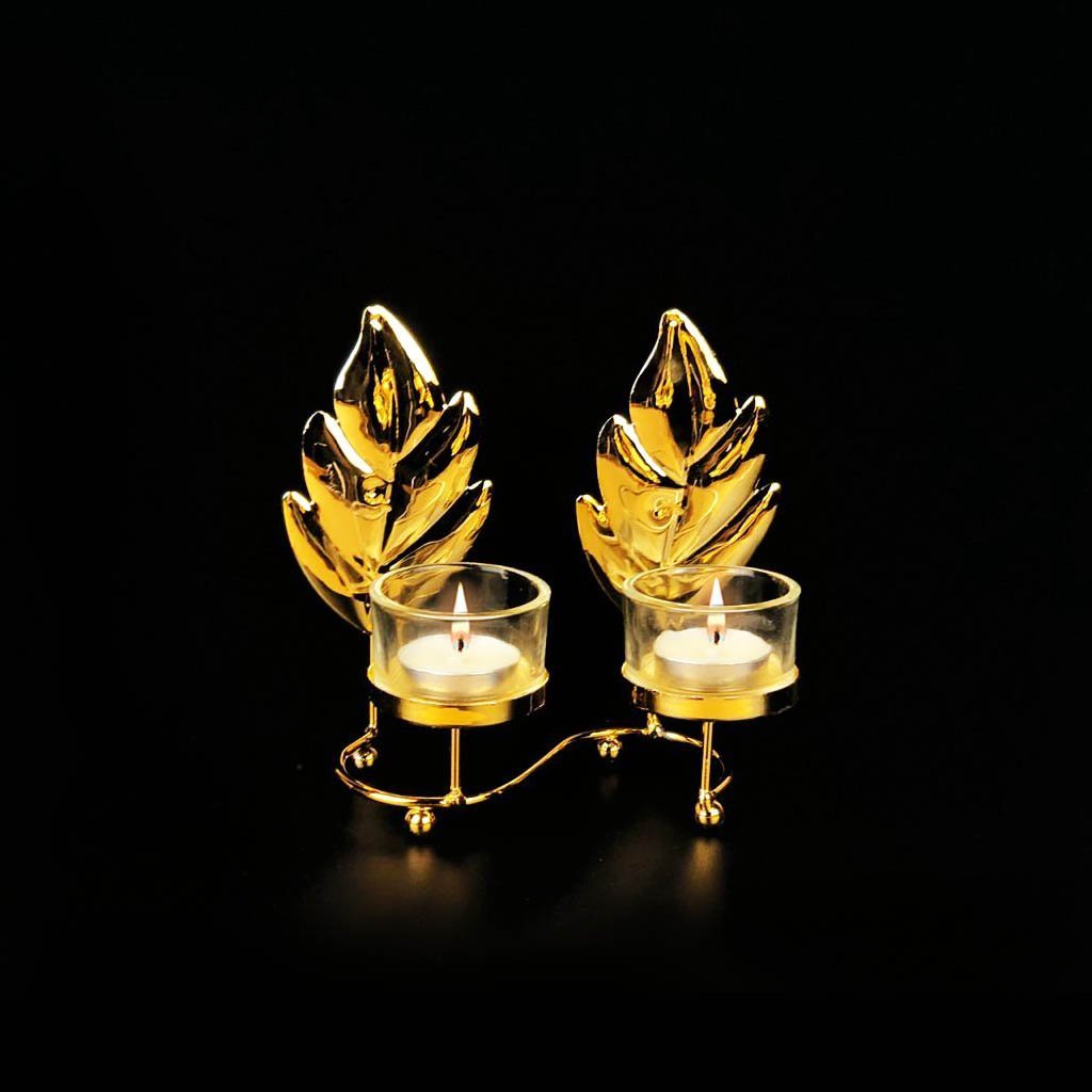 Leaf Metal Golden Double Candle Stand with Glass Pot | Home Décor | Waseeh Pakistan