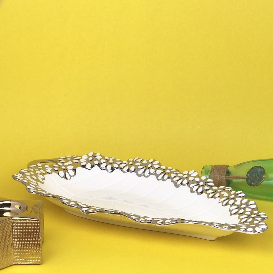 Leaf Style Cramic Trey with Silver Border | kitchen item | Waseeh Pakistan