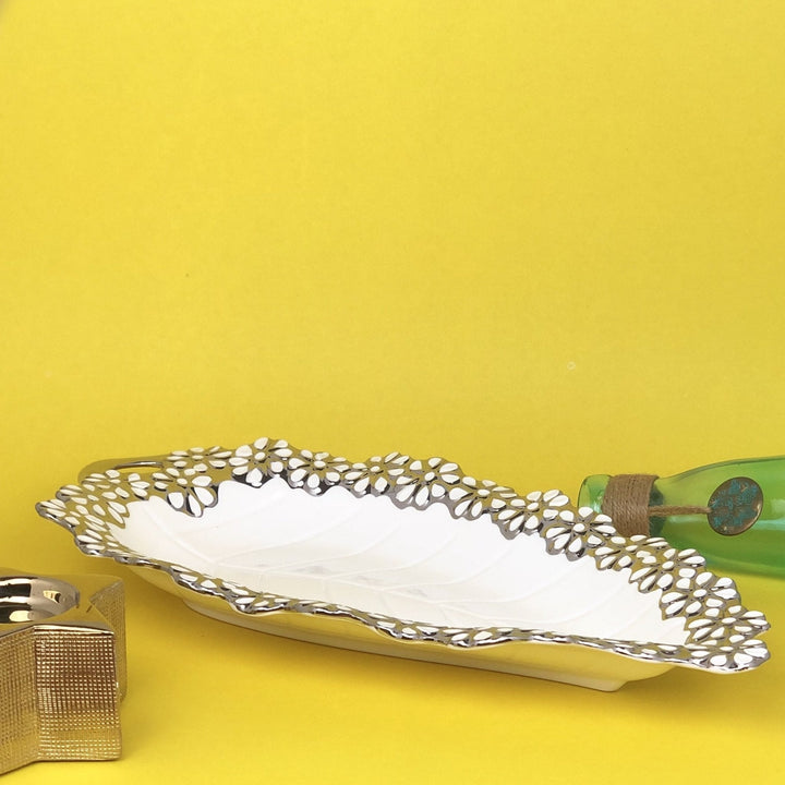 Leaf Style Cramic Trey with Silver Border | kitchen item | Waseeh Pakistan