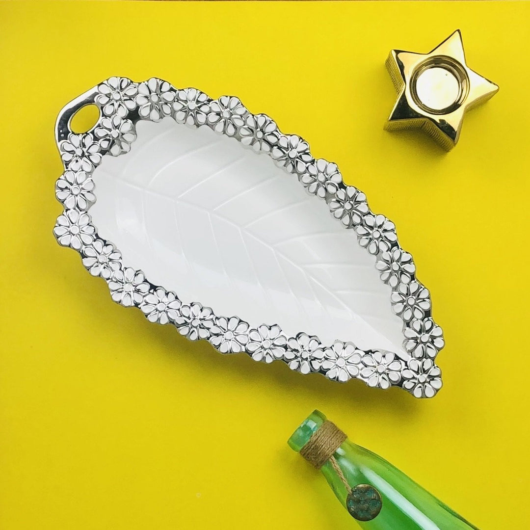 Leaf Style Cramic Trey with Silver Border | kitchen item | Waseeh Pakistan