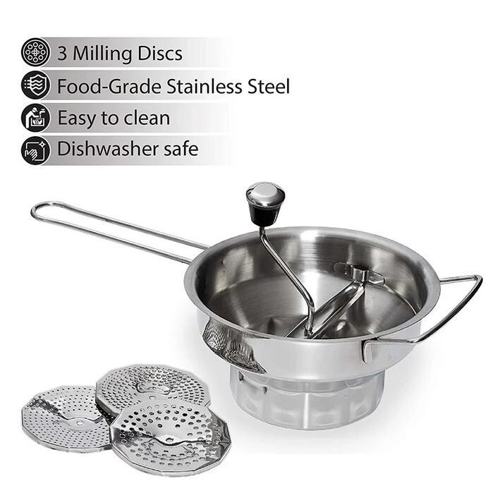 Manual Stainless Steel Fruit Jam Vegetable Potato Milling Grinder with 3 Discs Ideal for fruit vegetable sauces purees baby food | kitchen item | Waseeh Pakistan