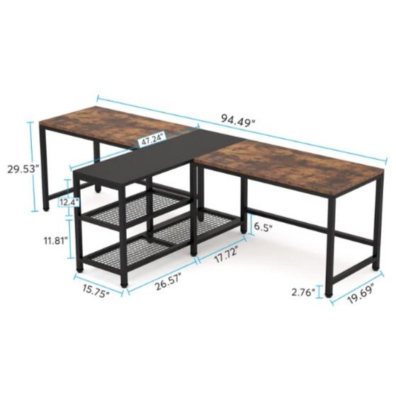 Double workstation dimensions with centre shelves facing left