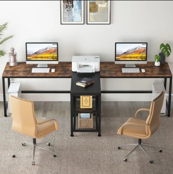 Two-person desk front view with central storage rack