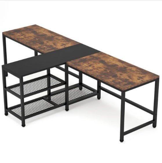 Reversible two-person desk with central shelves and black frame