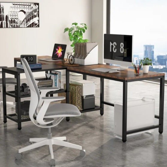 Shared computer workstation with rustic wood top and black frame