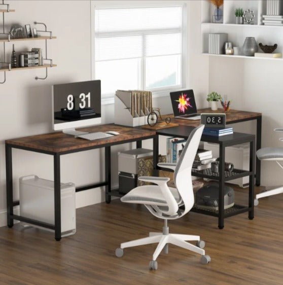 Rustic brown dual workstation with centre shelves in home office