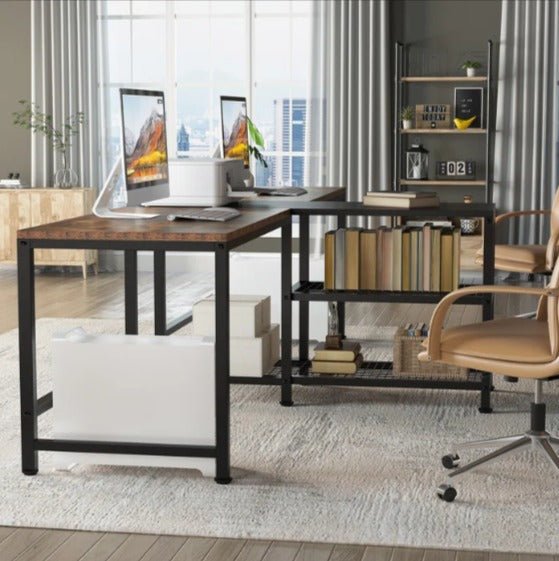 Shared office workstation with two desktops and central shelving
