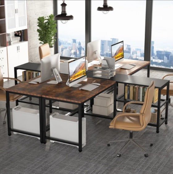 Large two-person office desk with central shelving