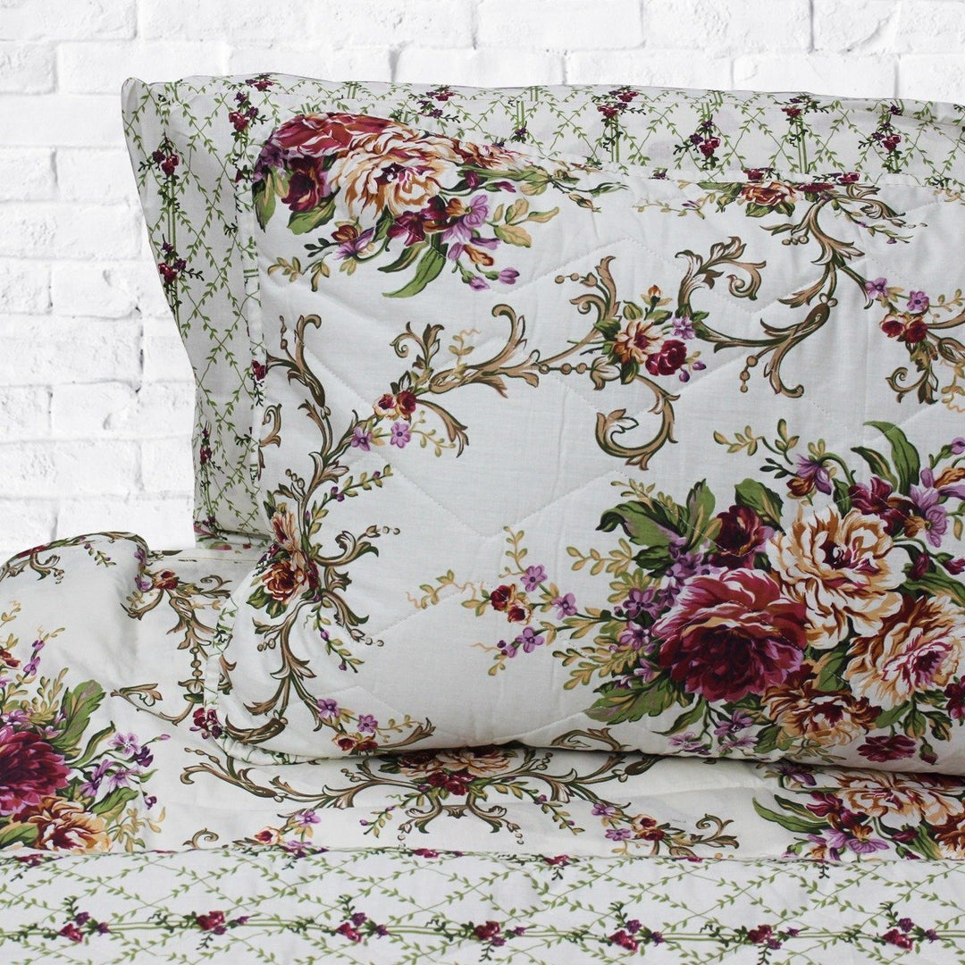 Megenta Floral Over White Spread - 6 Pieces Bed Spread Set | Home Décor | Waseeh Pakistan