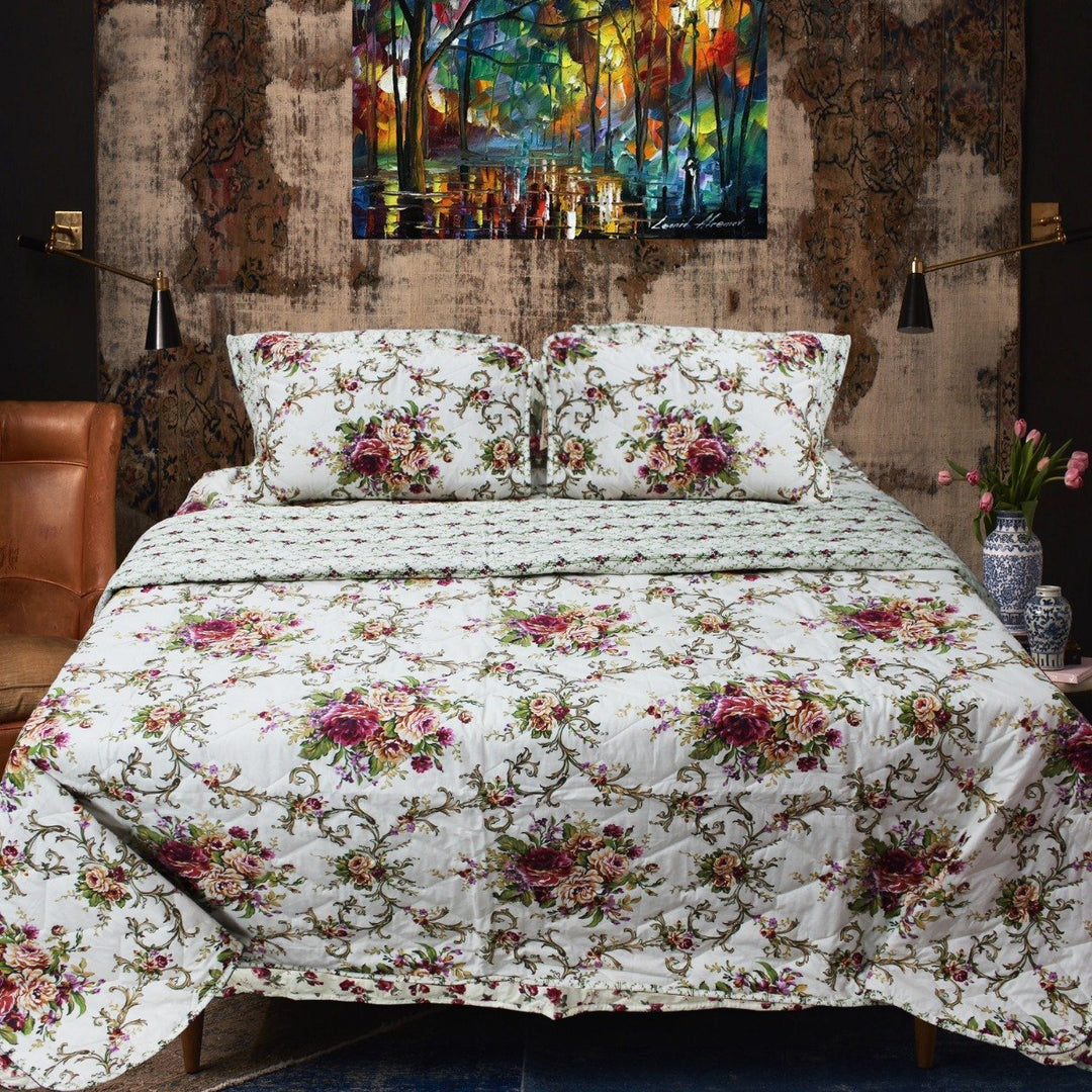 Megenta Floral Over White Spread - 6 Pieces Bed Spread Set | Home Décor | Waseeh Pakistan
