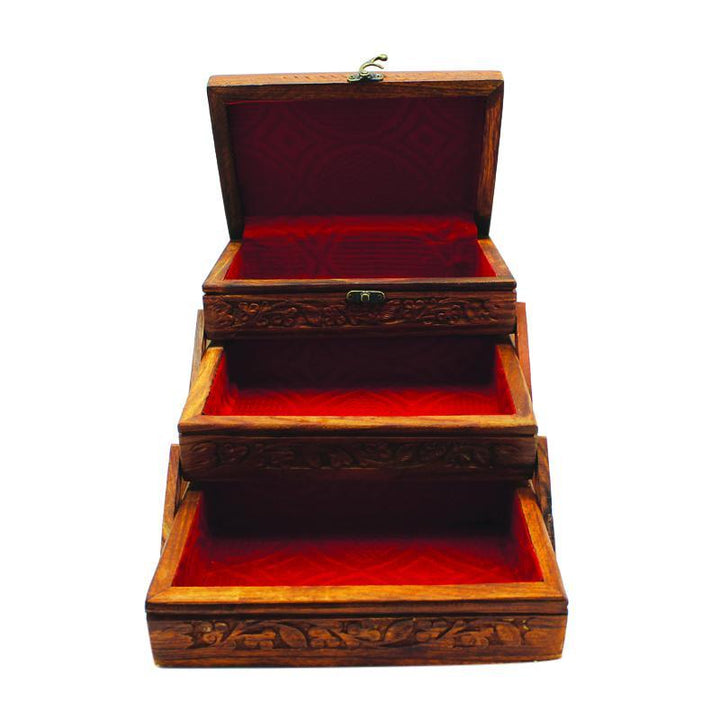Wooden Hand Made Jewellery Box - Tri-Stepped - Carved - 6" x 8.5" - waseeh.com