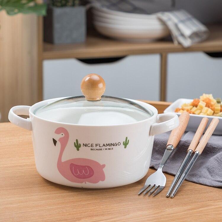 OUSSIRRO Flamingos Cartoon Creative instant Noodles Bowl With lid Ceramic Bowl Cute Student Job Bowl Soup Bowl | kitchen item | Waseeh Pakistan