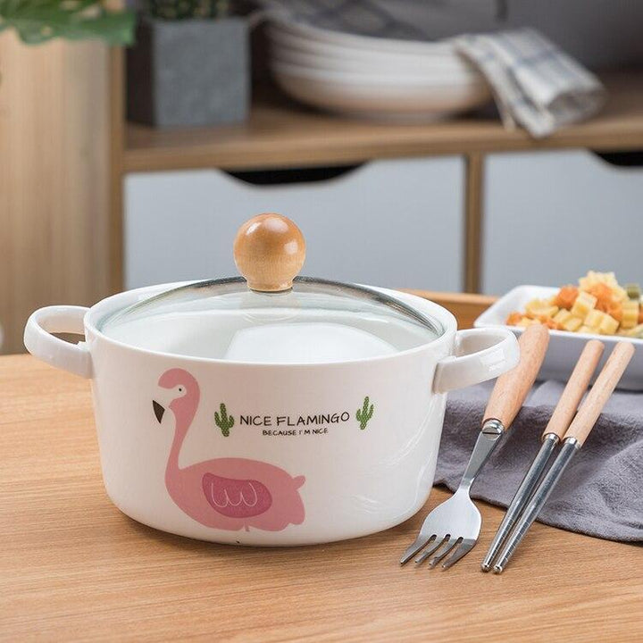 OUSSIRRO Flamingos Cartoon Creative instant Noodles Bowl With lid Ceramic Bowl Cute Student Job Bowl Soup Bowl | kitchen item | Waseeh Pakistan