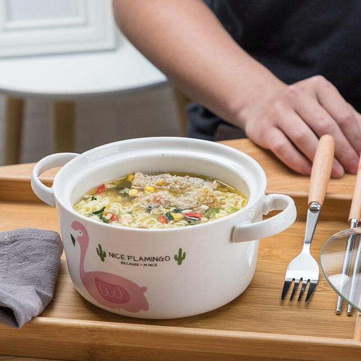 OUSSIRRO Flamingos Cartoon Creative instant Noodles Bowl With lid Ceramic Bowl Cute Student Job Bowl Soup Bowl | kitchen item | Waseeh Pakistan
