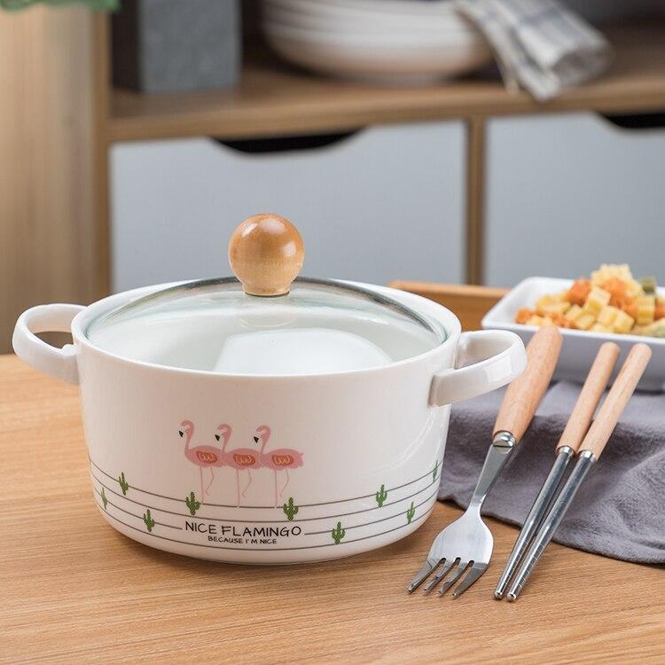 OUSSIRRO Flamingos Cartoon Creative instant Noodles Bowl With lid Ceramic Bowl Cute Student Job Bowl Soup Bowl | kitchen item | Waseeh Pakistan