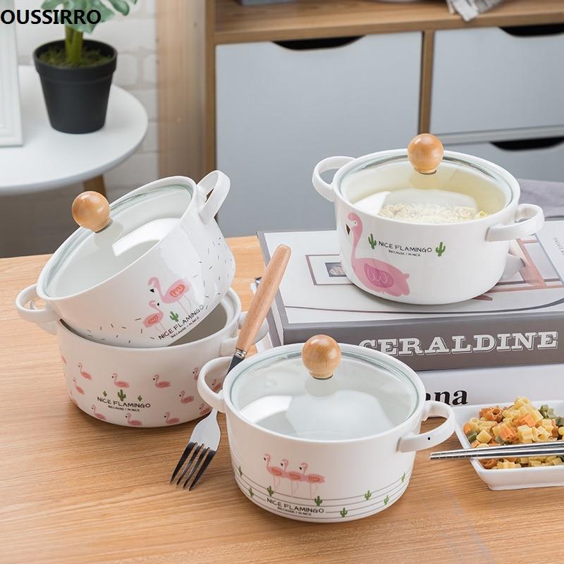 OUSSIRRO Flamingos Cartoon Creative instant Noodles Bowl With lid Ceramic Bowl Cute Student Job Bowl Soup Bowl | kitchen item | Waseeh Pakistan