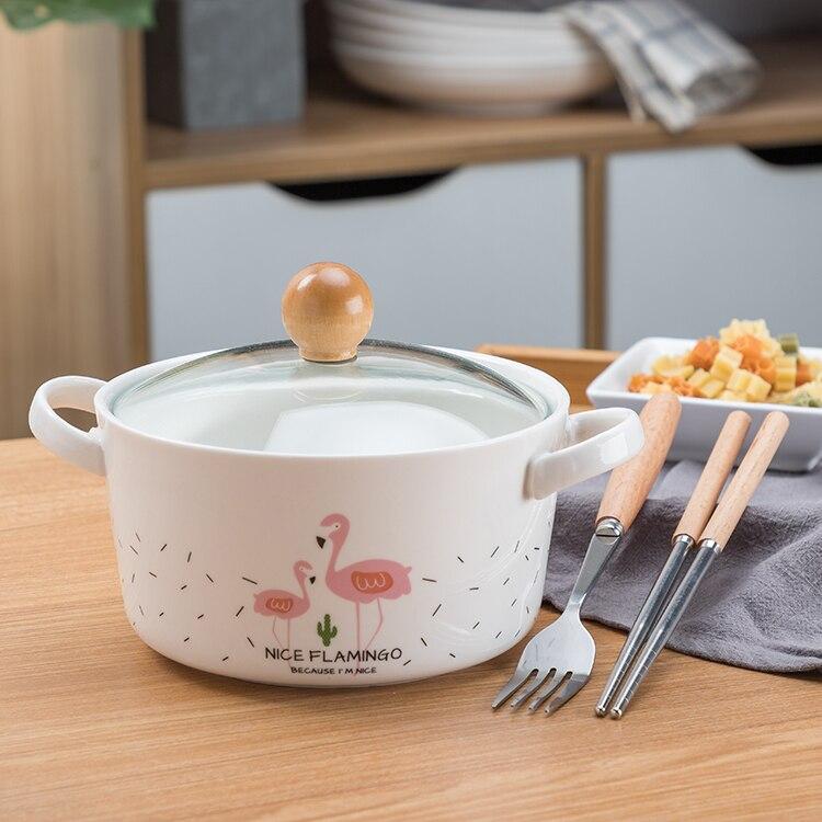 OUSSIRRO Flamingos Cartoon Creative instant Noodles Bowl With lid Ceramic Bowl Cute Student Job Bowl Soup Bowl | kitchen item | Waseeh Pakistan