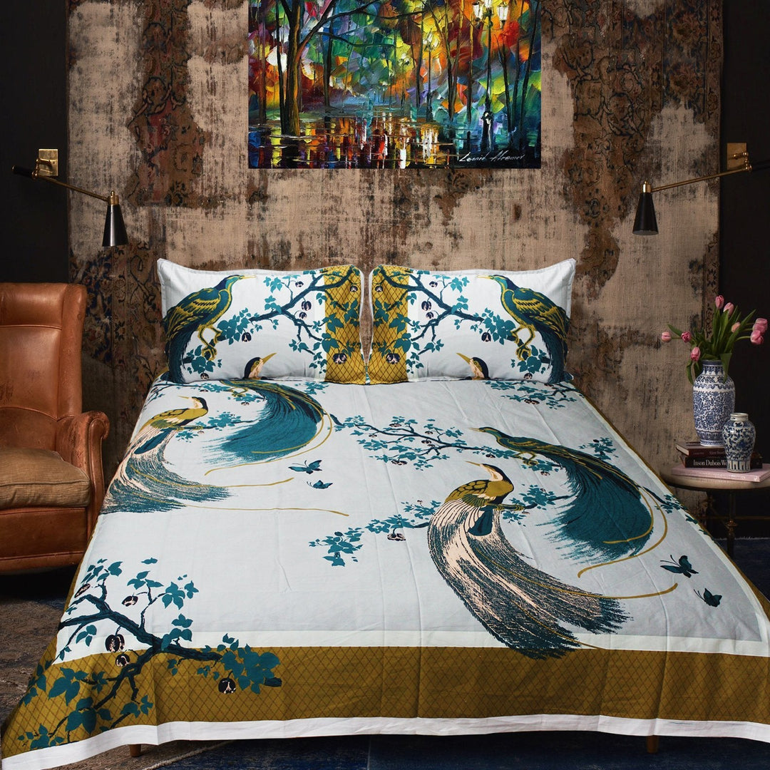 Peacock - Cotton Satin Bed Sheet With 2 Pillow cases | Home Décor | Waseeh Pakistan
