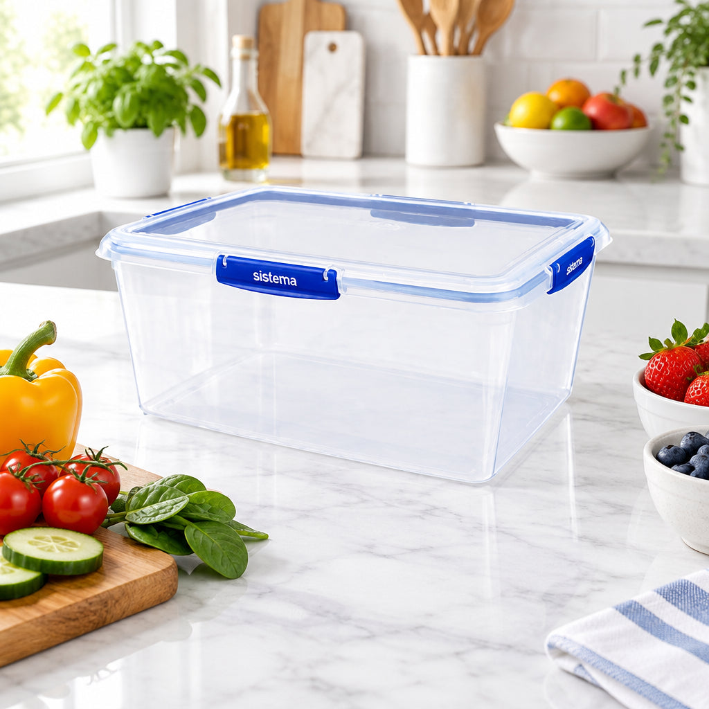 Clear rectangular plastic food container with blue clips, side view on white