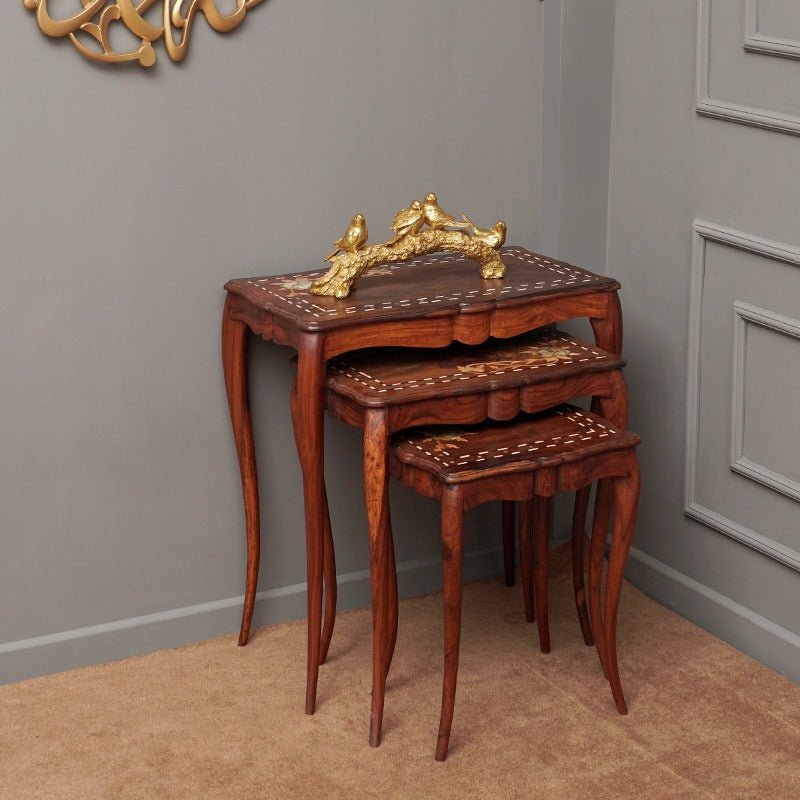 Rustic Flower Living Lounge Drawing Room Nesting Tables (Shisham Set of 3) | Furniture | Waseeh Pakistan
