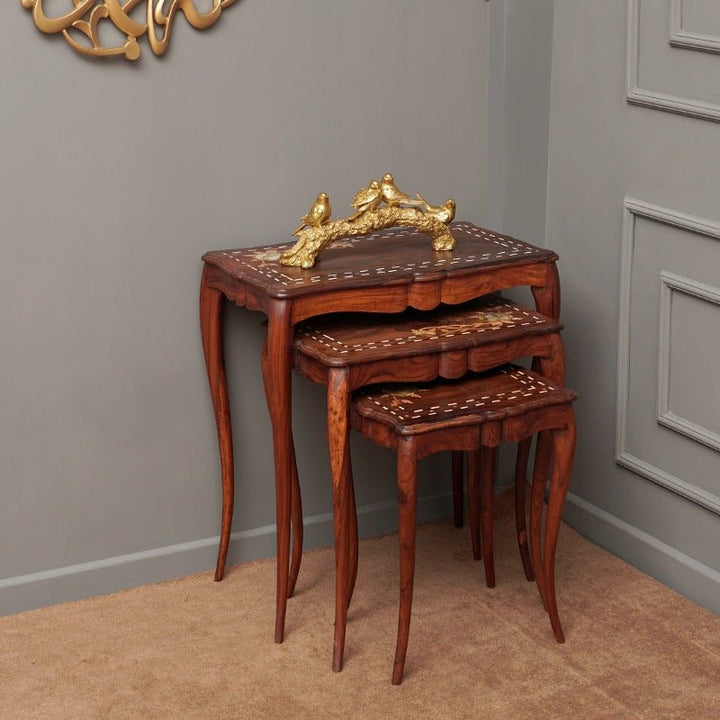 Rustic Flower Living Lounge Drawing Room Nesting Tables (Shisham Set of 3) | Furniture | Waseeh Pakistan