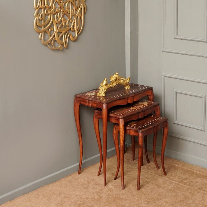 Rustic Flower Living Lounge Drawing Room Nesting Tables (Shisham Set of 3) | Furniture | Waseeh Pakistan