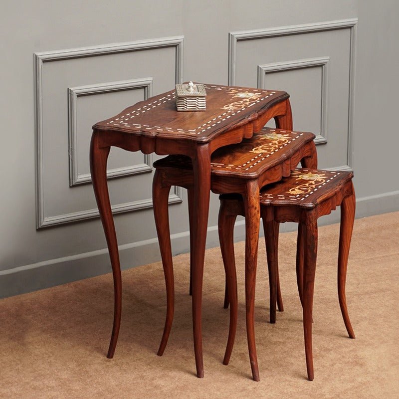 Rustic Flower Living Lounge Drawing Room Nesting Tables (Shisham Set of 3) | Furniture | Waseeh Pakistan