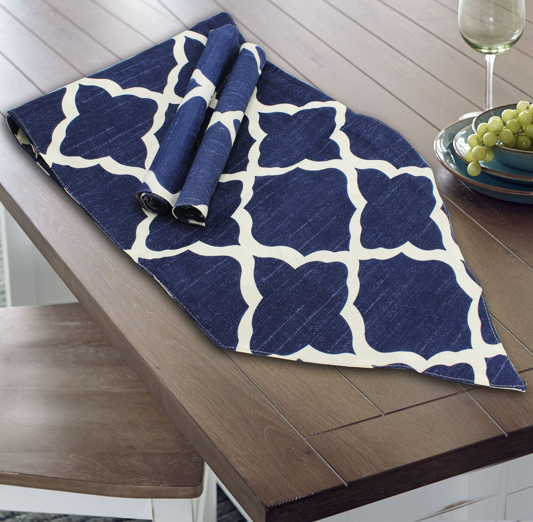 TABLE RUNNER 7 PCs SET - Blue &amp; Red Geometric | Home Décor | Waseeh Pakistan