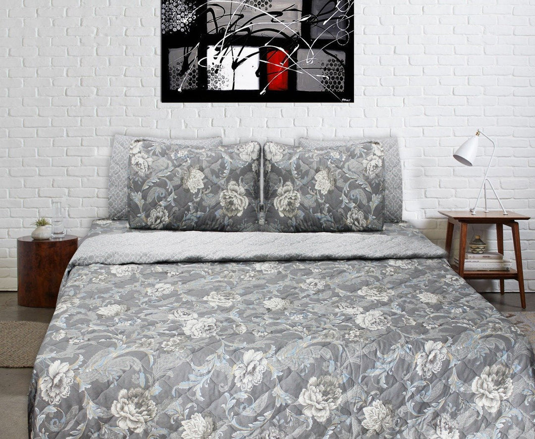 Touch of Elegance - 6 pieces - Bed Spread Set - Gray Floral | Home Décor | Waseeh Pakistan
