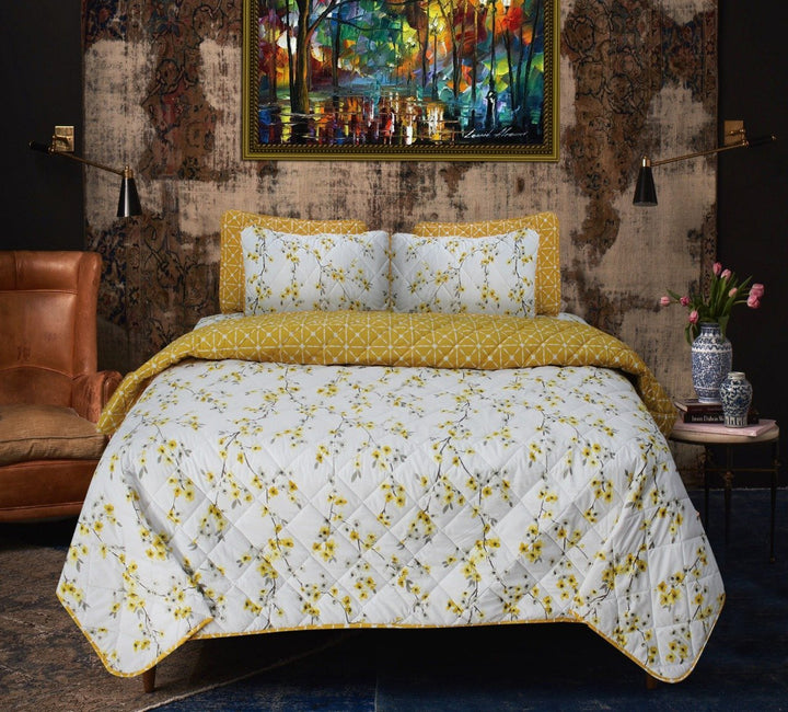Touch of White / Mustard Floral- 6 Pieces Bed Spread Set | Home Décor | Waseeh Pakistan