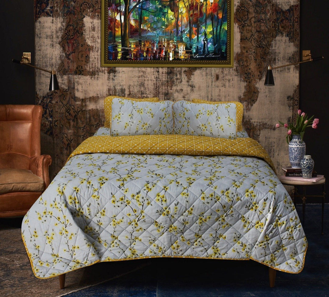 Touch of White / Mustard Floral- 6 Pieces Bed Spread Set | Home Décor | Waseeh Pakistan