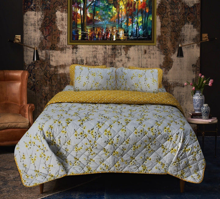 Touch of White / Mustard Floral- 6 Pieces Bed Spread Set | Home Décor | Waseeh Pakistan