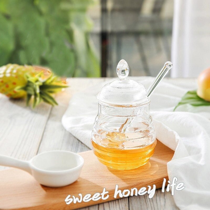 Transparent Honey Storage Jar with Beehive Style Spoon | kitchen item | Waseeh Pakistan