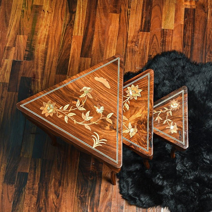 Triangle Living Lounge Drawing Room Nesting Tables Decor (Shisham Set of 3) | Furniture | Waseeh Pakistan