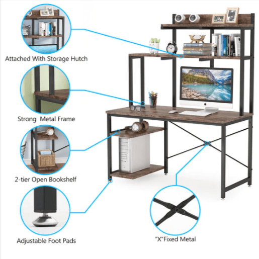 Computer desk features showing storage hutch and metal frame