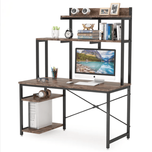 Rustic brown office desk with hutch and open side shelving