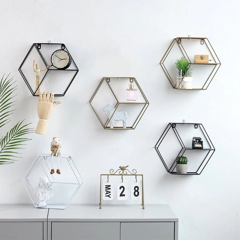 Wall-Mounted "Hexagonal" Floating Metal Storage Shelve Frame Decor - Special | Not Sale FB | Waseeh Pakistan