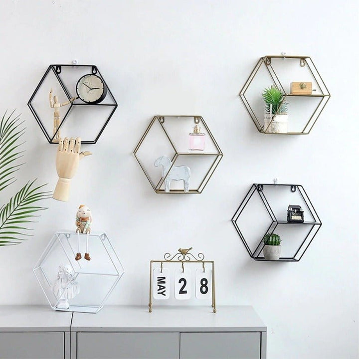 Wall-Mounted "Hexagonal" Floating Metal Storage Shelve Frame Decor - Special | Not Sale FB | Waseeh Pakistan