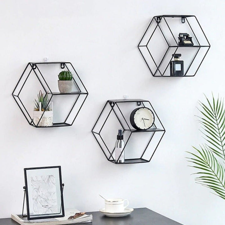 Wall-Mounted "Hexagonal" Floating Metal Storage Shelve Frame Decor - Special | Not Sale FB | Waseeh Pakistan