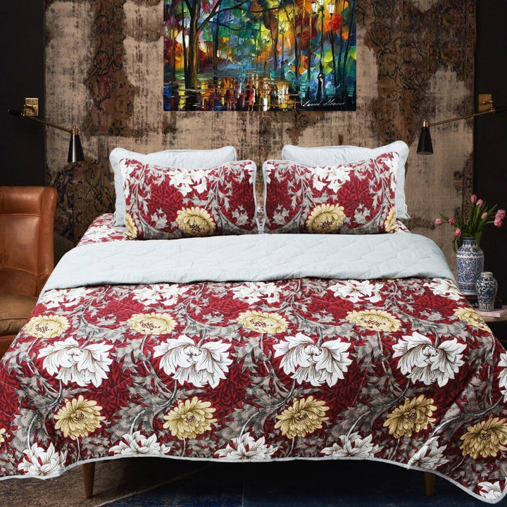 White roses over wine red floral spread - 6 pieces bed spread set | Home Décor | Waseeh Pakistan