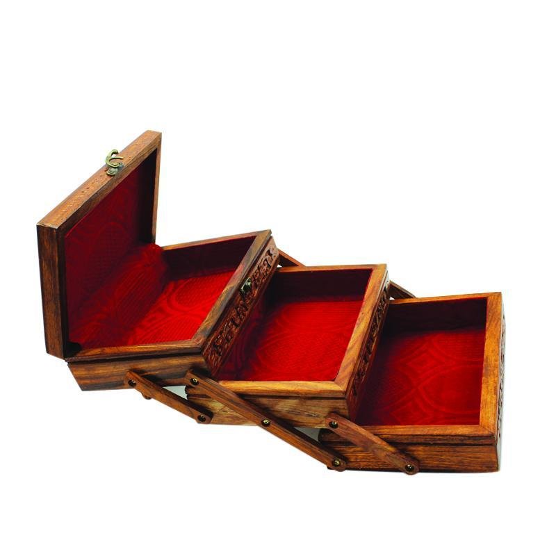 Wooden Hand Made Jewellery Box - Tri-Stepped - Carved - 6" x 8.5" | Wooden Handy Crafts | Waseeh Pakistan