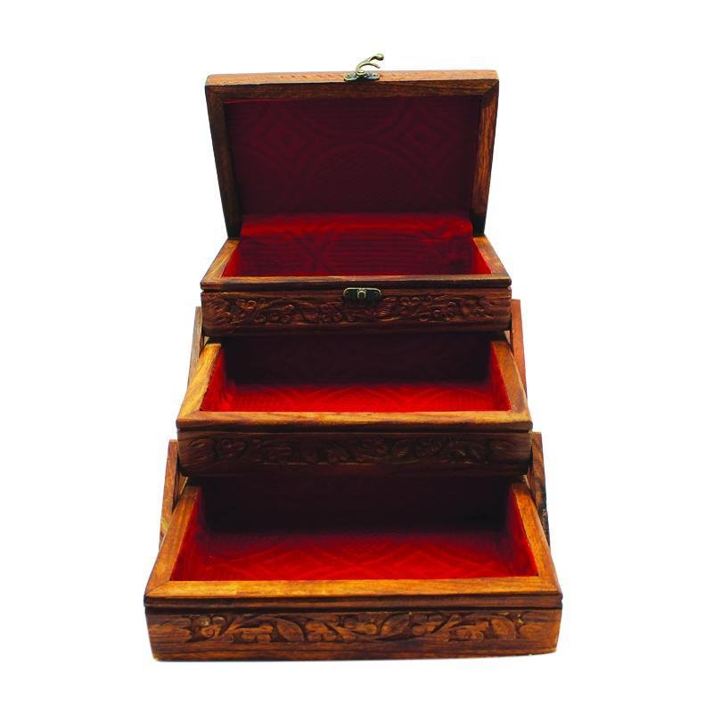 Wooden Hand Made Jewellery Box - Tri-Stepped - Carved - 6" x 8.5" | Wooden Handy Crafts | Waseeh Pakistan