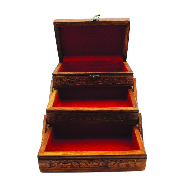 Wooden Hand Made Jewellery Box - Tri-Stepped - Carved - 6" x 8.5" | Wooden Handy Crafts | Waseeh Pakistan