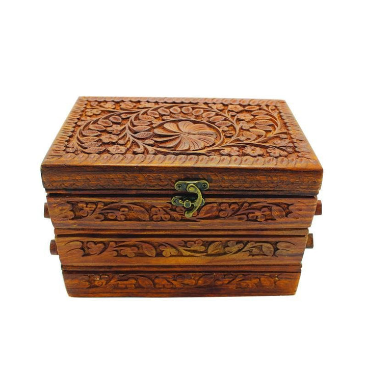 Wooden Hand Made Jewellery Box - Tri-Stepped - Carved - 6" x 8.5" | Wooden Handy Crafts | Waseeh Pakistan