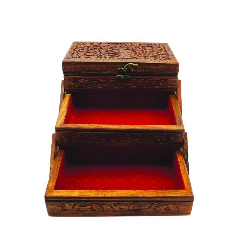 Wooden Hand Made Jewellery Box - Tri-Stepped - Carved - 6" x 8.5" | Wooden Handy Crafts | Waseeh Pakistan