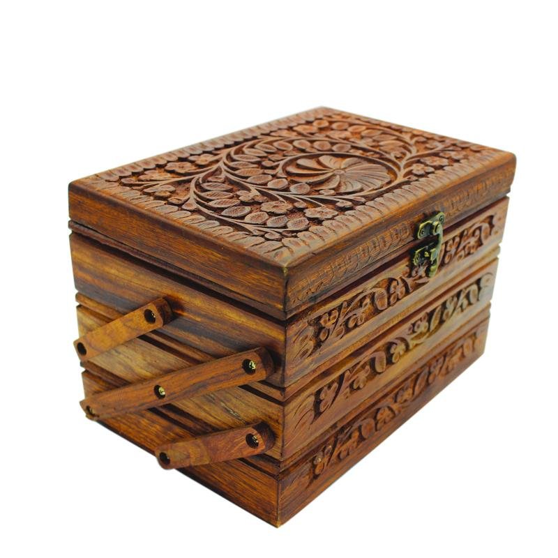 Wooden Hand Made Jewellery Box - Tri-Stepped - Carved - 6" x 8.5" | Wooden Handy Crafts | Waseeh Pakistan
