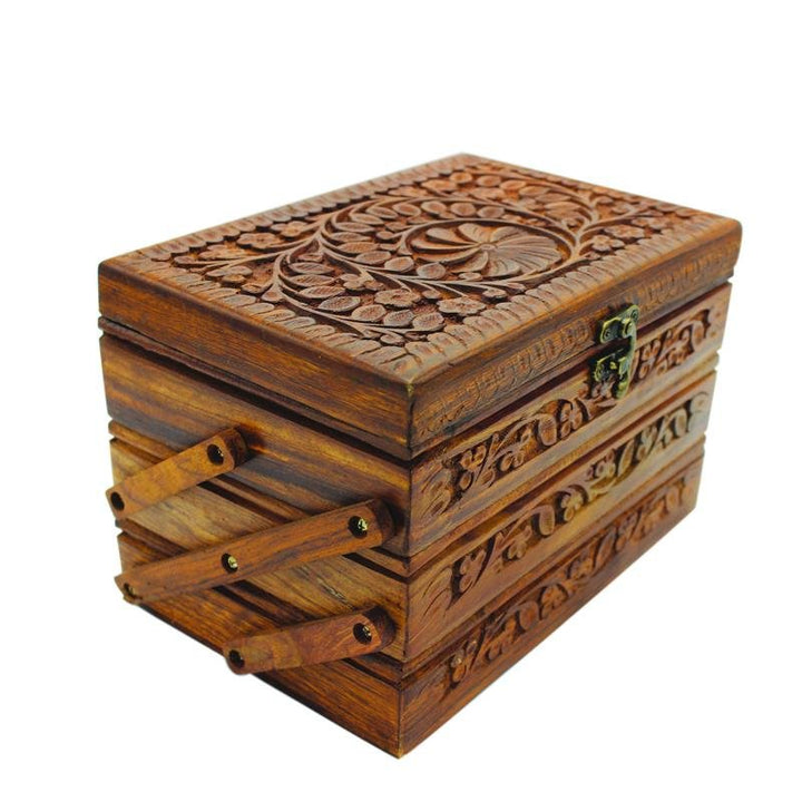 Wooden Hand Made Jewellery Box - Tri-Stepped - Carved - 6" x 8.5" | Wooden Handy Crafts | Waseeh Pakistan